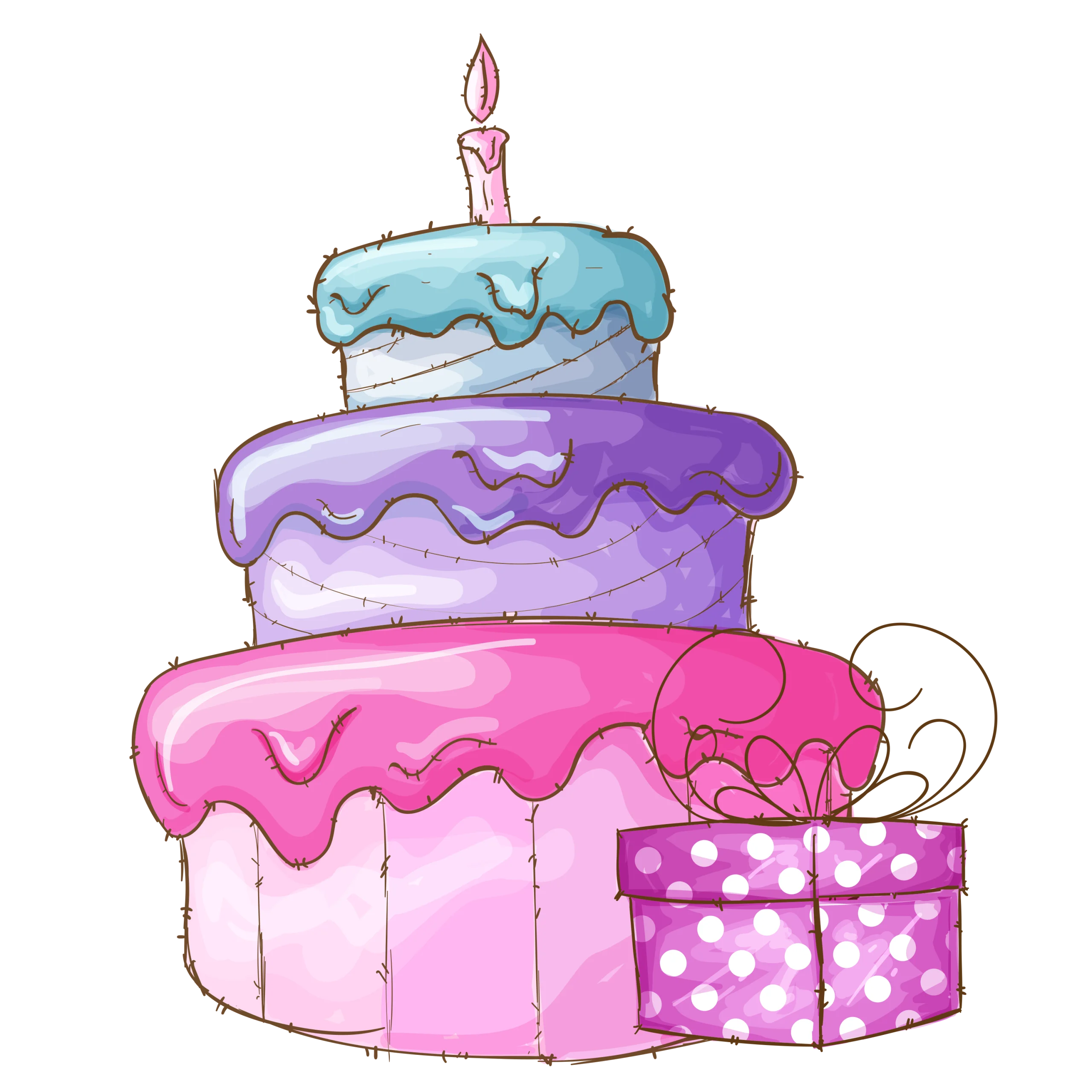 Whimsical Pastel Three-Tier Birthday Cake with Gift Clipart Illustration