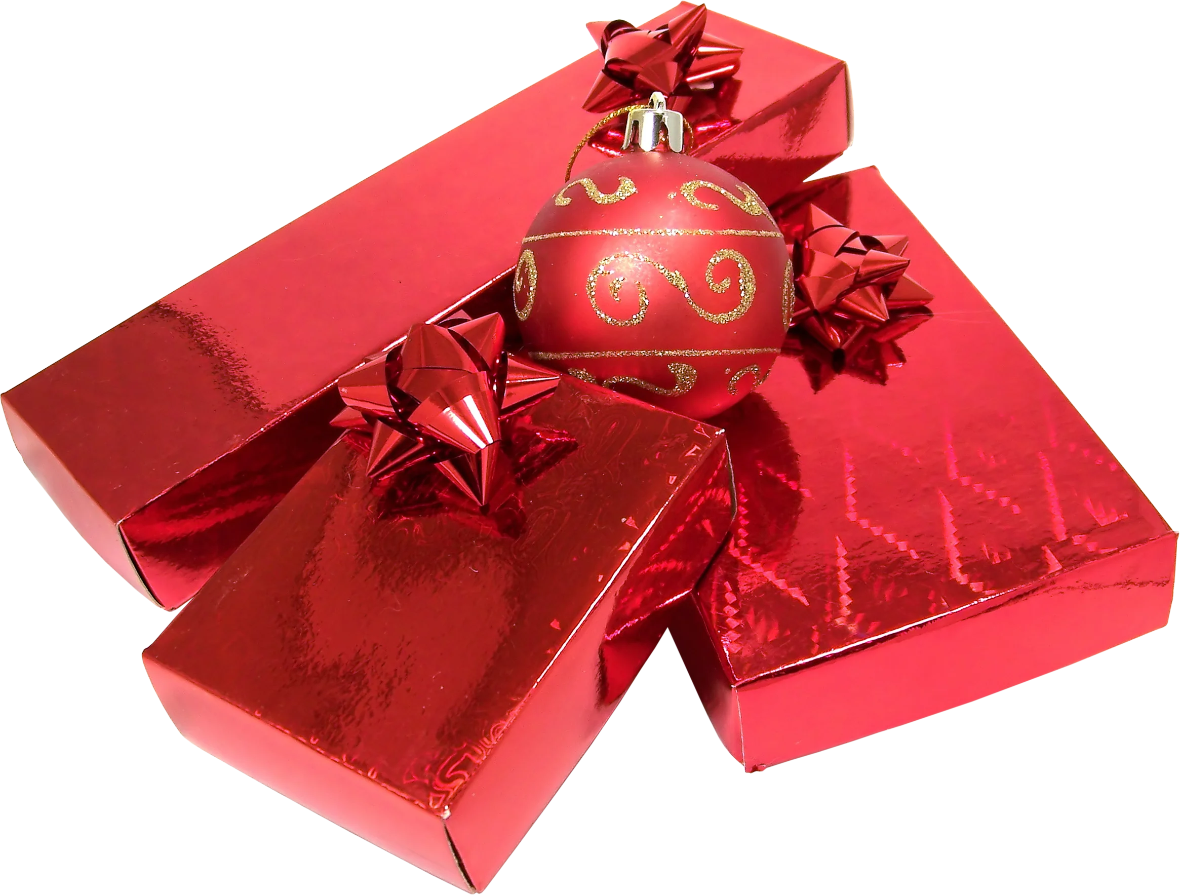 Elegant Red Christmas Gift Boxes Wrapped with Ribbon and Ornate Clipart