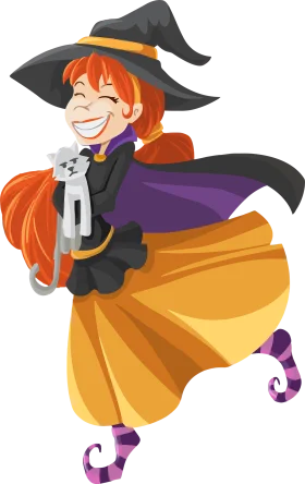 Cheerful Halloween Witch Clipart with Whimsical Orange and Purple Costume
