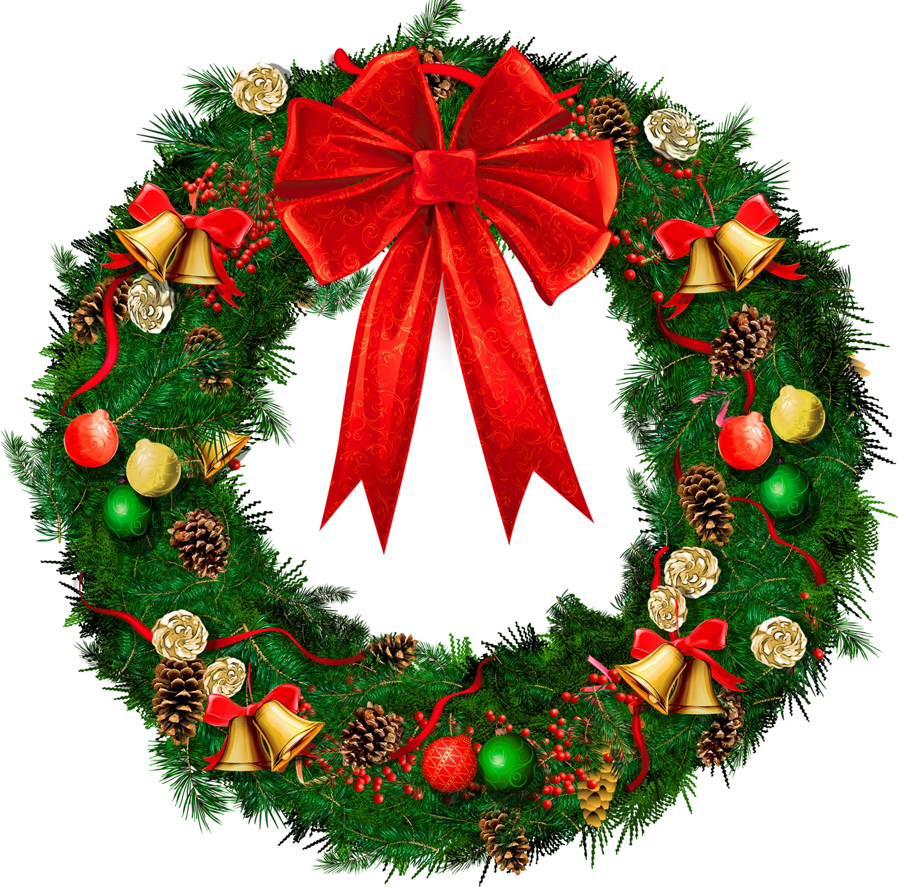 Classic Christmas Wreath Festive Clipart with Elegant Red Bow and Holiday Ornaments