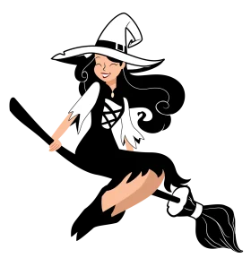 Enchanting Black and White Witch Clipart with Magical Broom and Pointy Hat