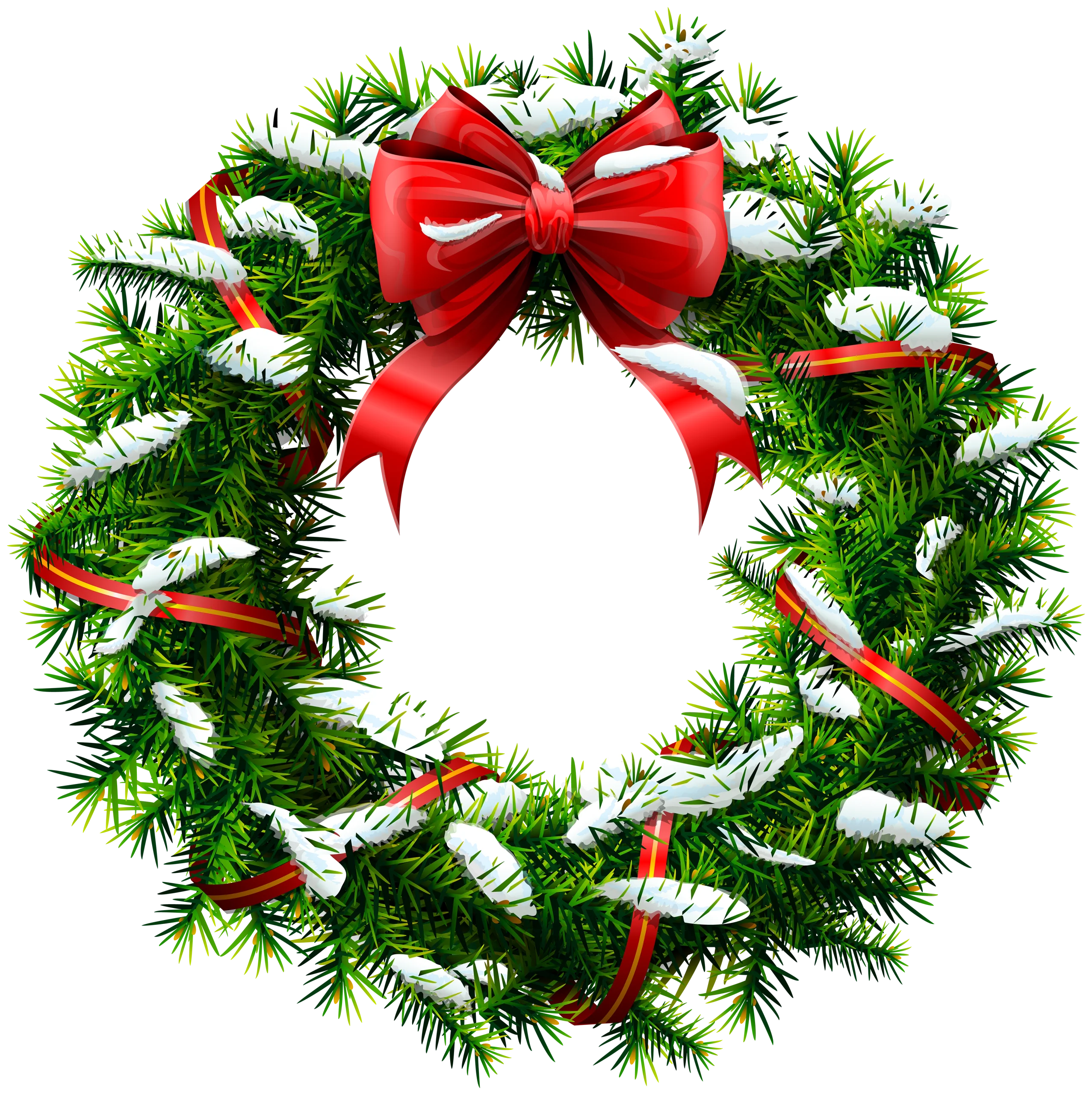 Festive Christmas Wreath Clipart with Lush Green Pine Branches and Bold Red Bow