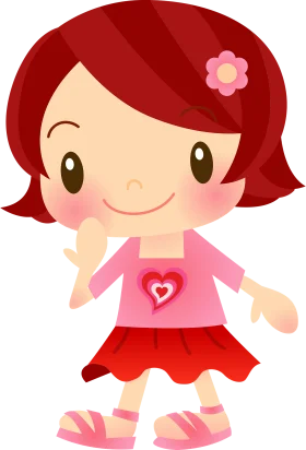 Adorable Cartoon Girl Clipart with Cheerful Pink Heart and Playful Flower Accessory