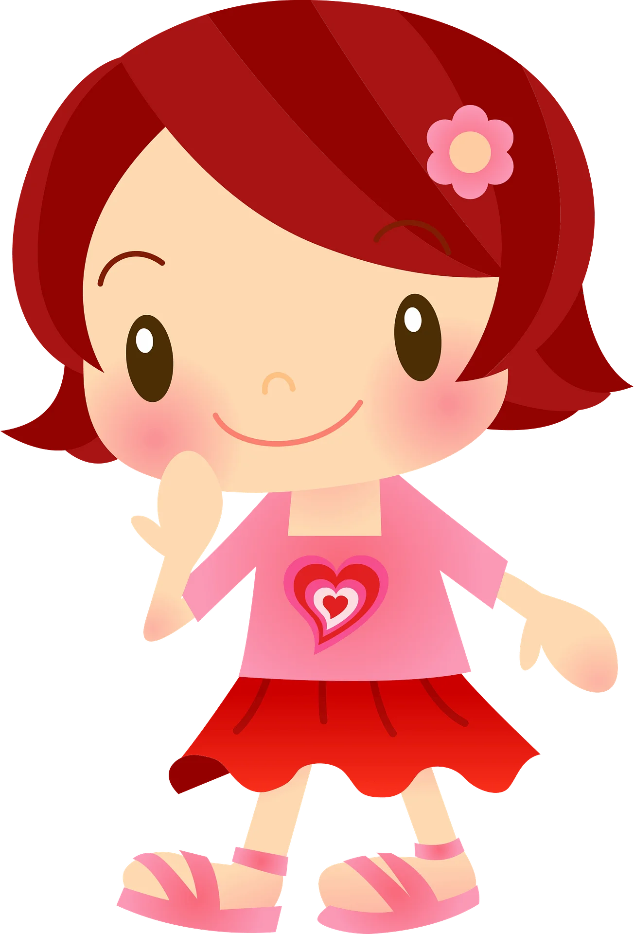 Adorable Cartoon Girl Clipart with Cheerful Pink Heart and Playful Flower Accessory
