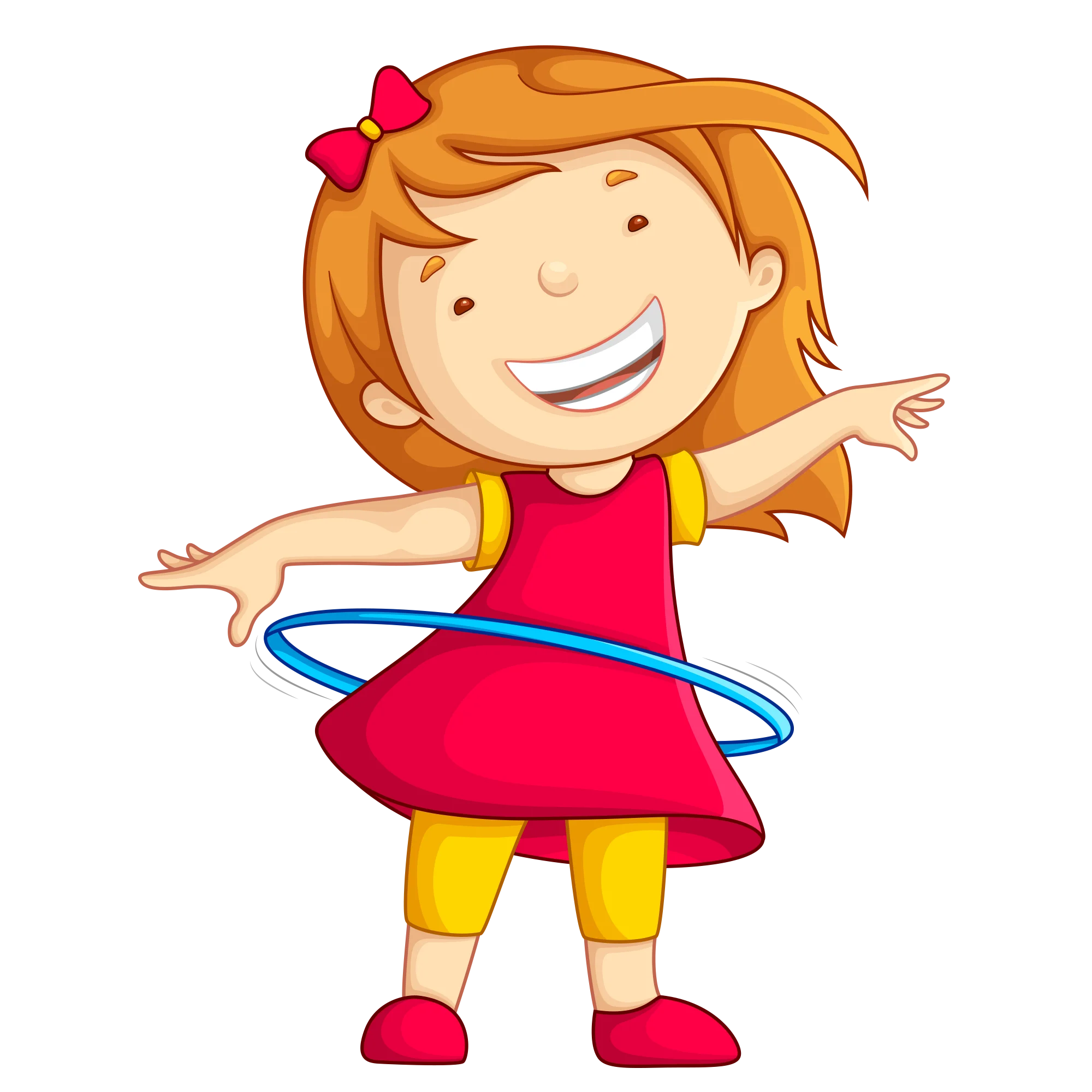 Cheerful Cartoon Girl Playing with Blue Hula Hoop Clipart Illustration