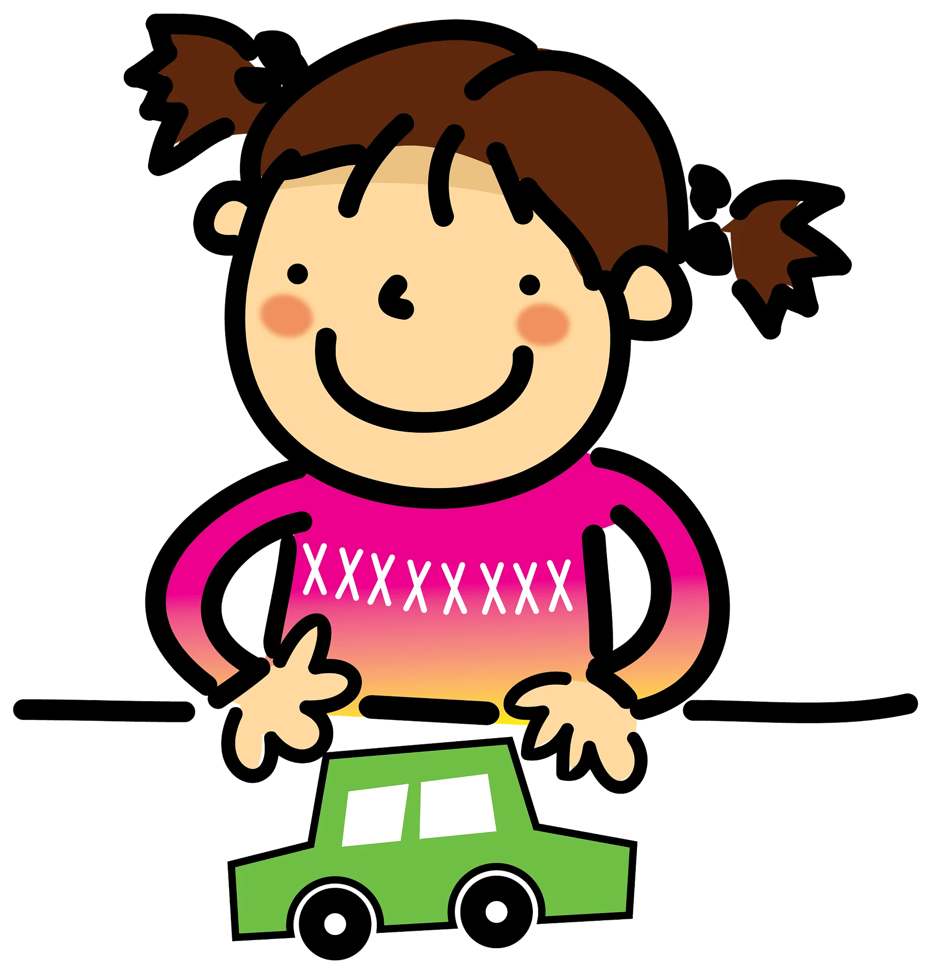 Cheerful Little Girl Playing with Green Toy Car Clipart Illustration