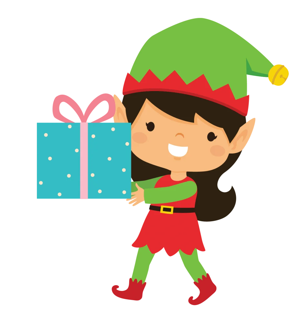 Cheerful Christmas Elf Clipart Delivering a Festive Wrapped Gift with Excitement