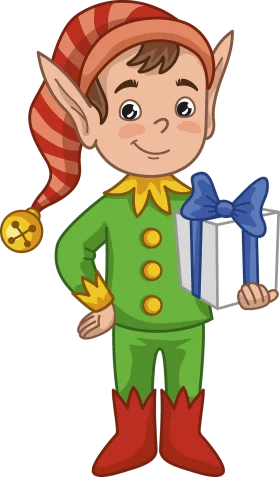 Cheerful Christmas Elf Clipart Holding Gift with Festive Outfit and Jingle Bell