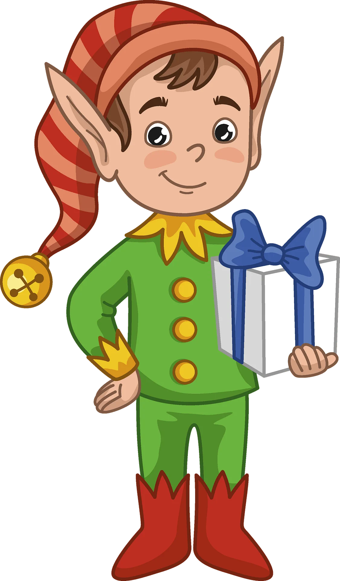 Cheerful Christmas Elf Clipart Holding Gift with Festive Outfit and Jingle Bell