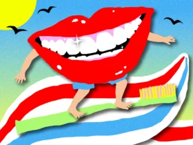 Playful Cartoon Teeth Clipart Dancing on Colorful Toothbrush Background