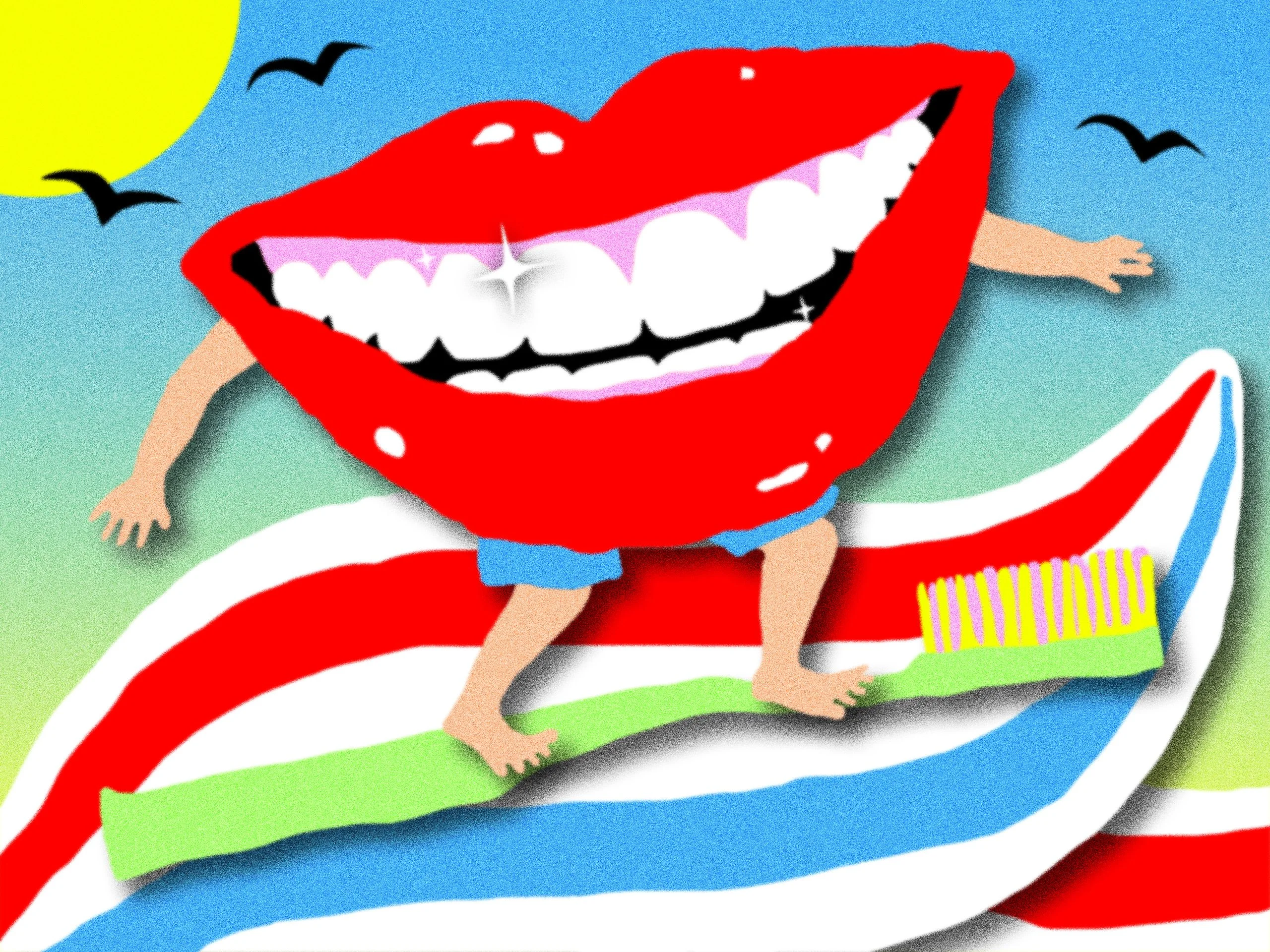 Playful Cartoon Teeth Clipart Dancing on Colorful Toothbrush Background