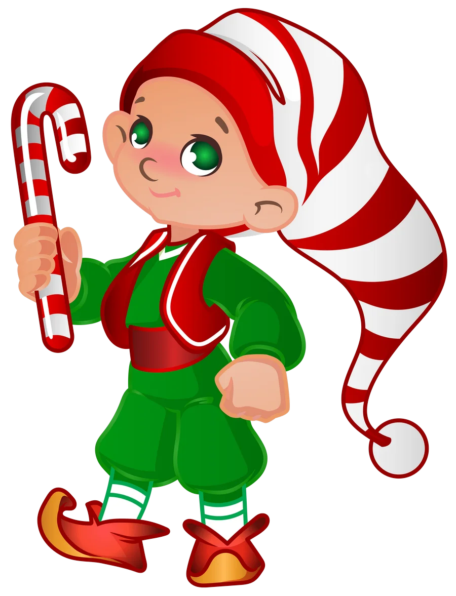 Whimsical Christmas Elf Clipart with Candy Cane and Festive Outfit