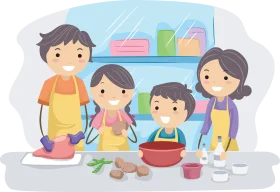 Family Bonding in the Kitchen: A Cheerful Cooking Clipart Scene of Collaborative Culinary Fun