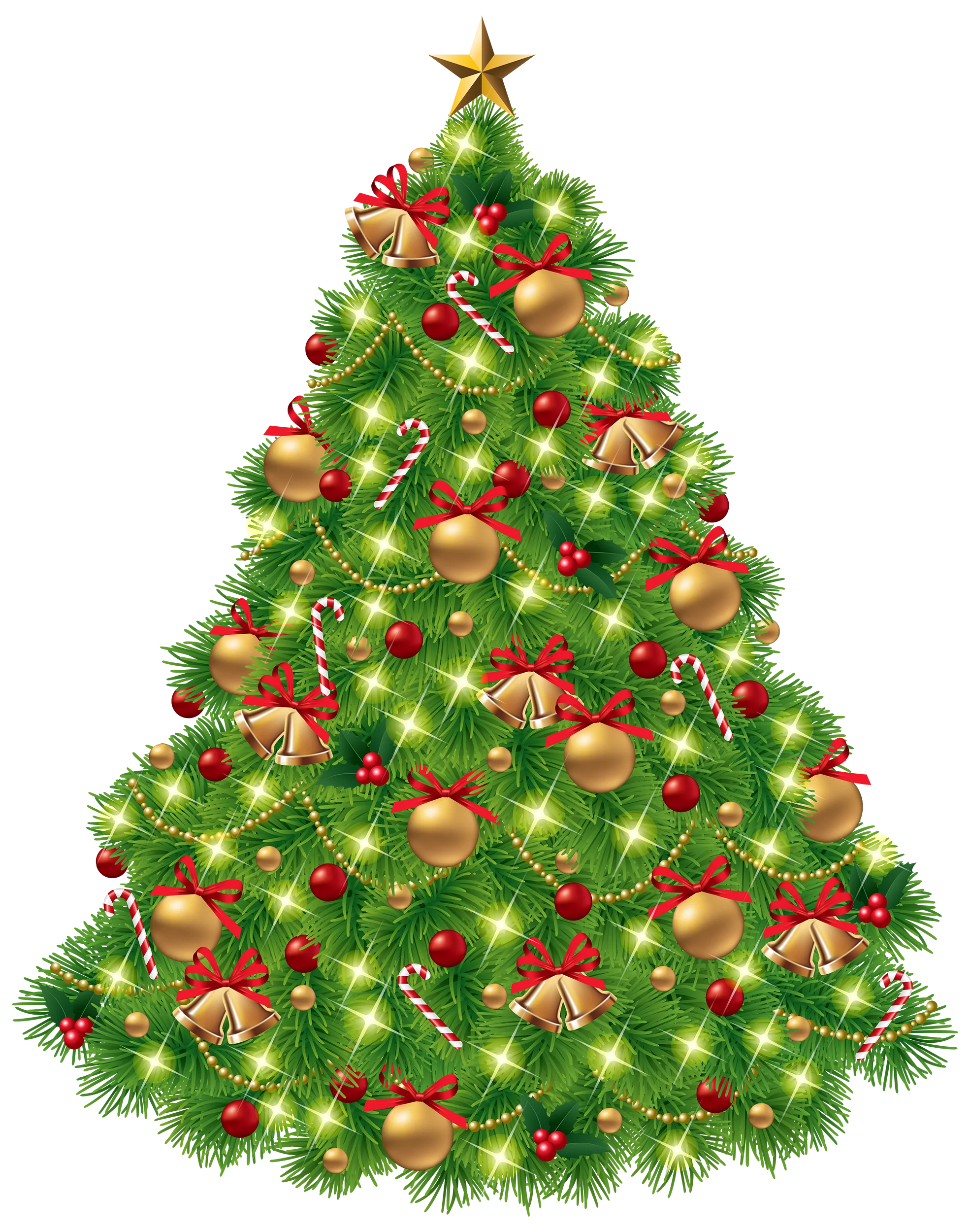 Festive Christmas Tree Clipart with Golden Star and Shimmering Ornaments