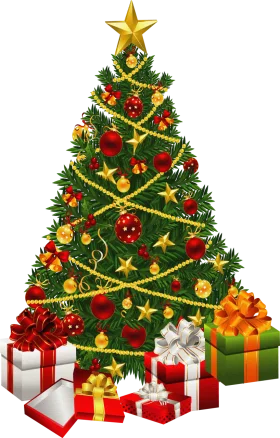 Festive Christmas Tree Clipart with Golden Star and Wrapped Presents
