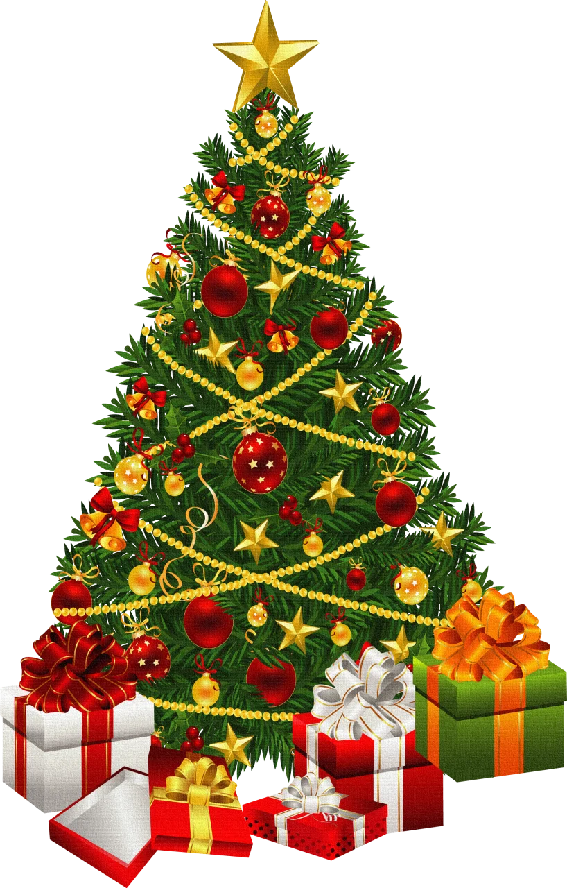 Festive Christmas Tree Clipart with Golden Star and Wrapped Presents
