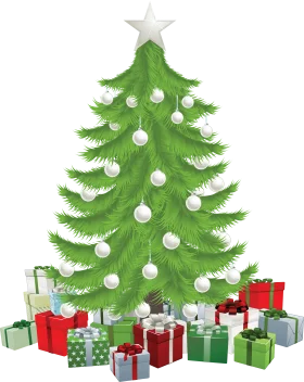 Festive Christmas Tree Clipart with White Ornaments and Gift Boxes
