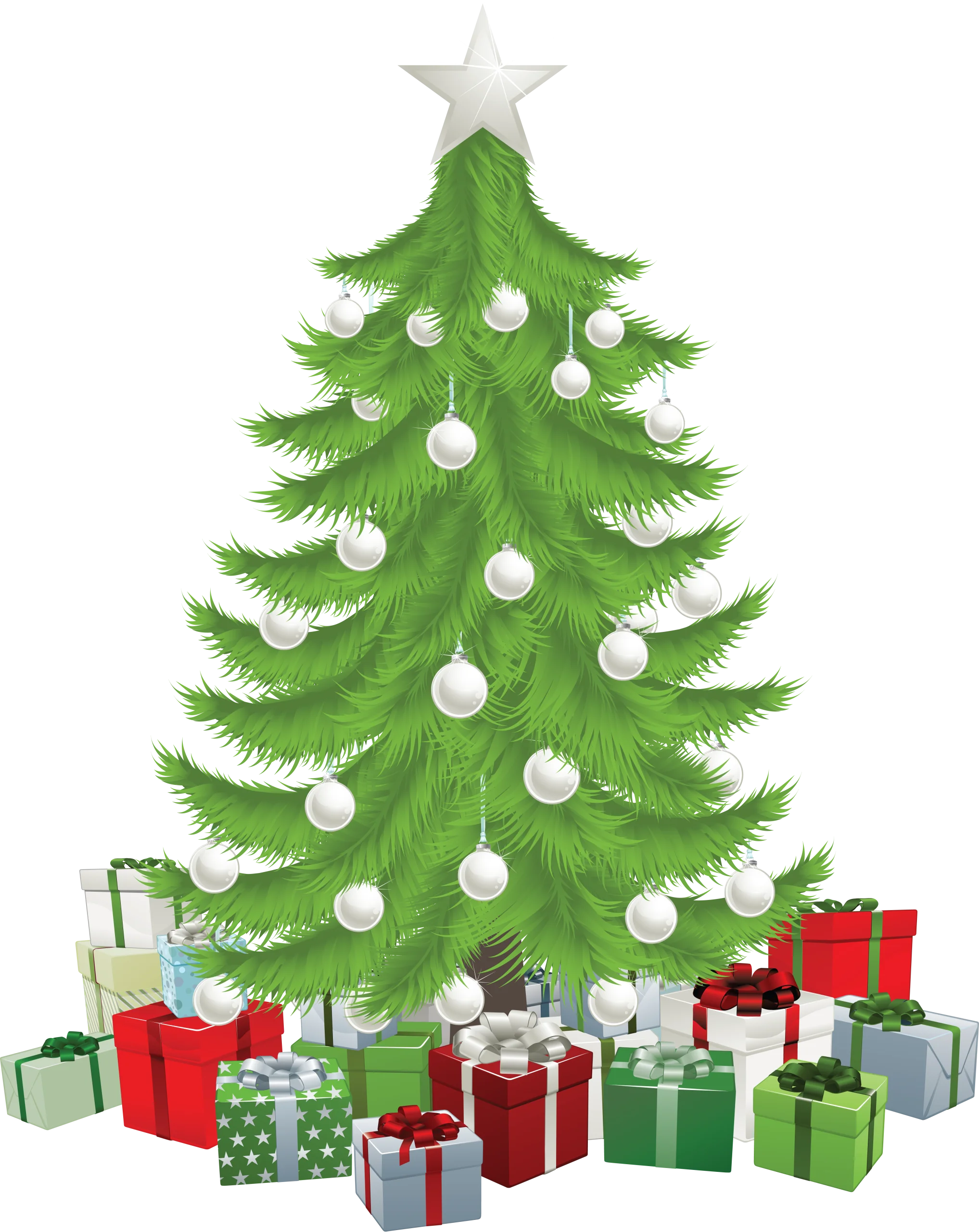 Festive Christmas Tree Clipart with White Ornaments and Gift Boxes