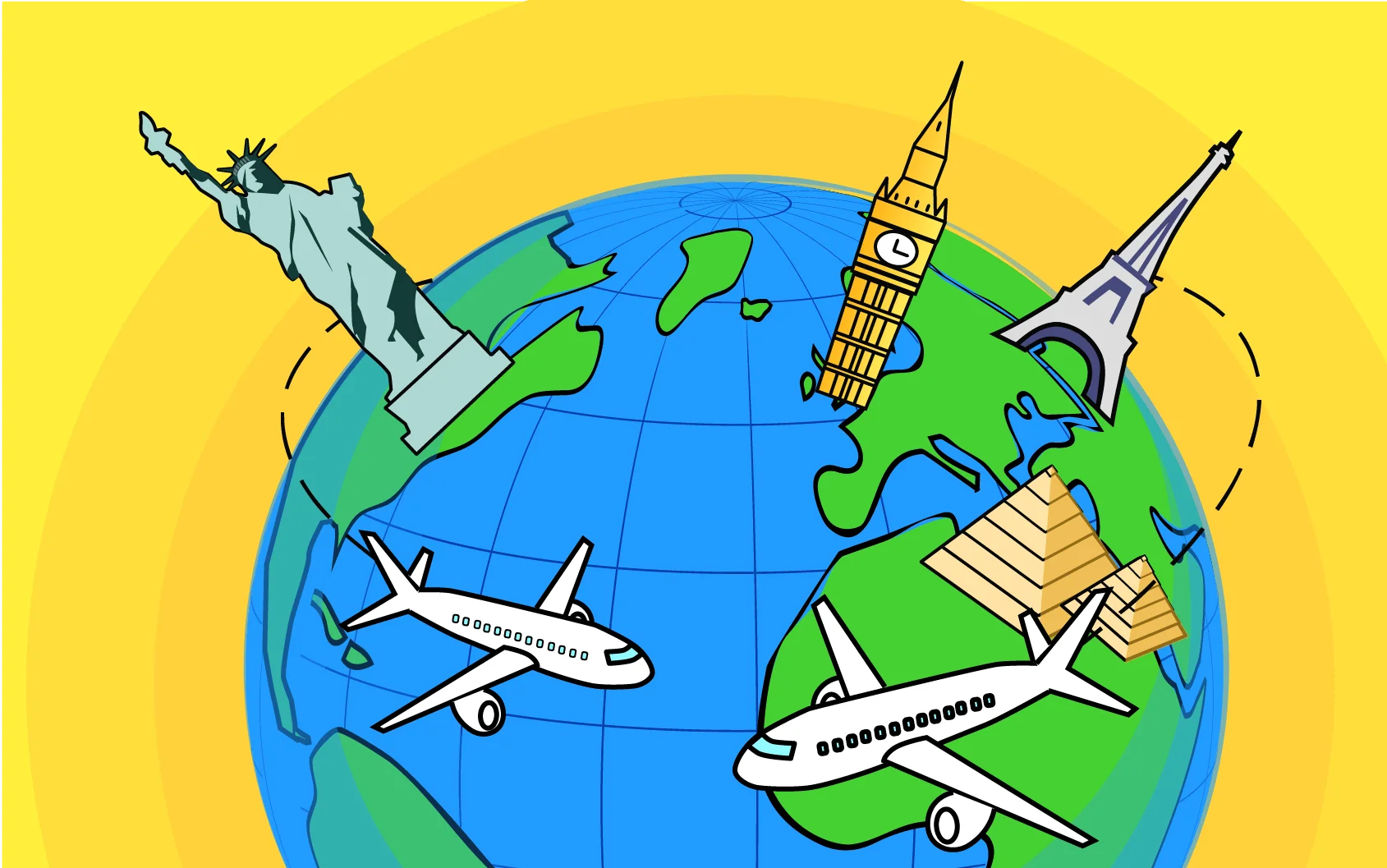 Global Travel Adventures: Iconic Landmarks and Airplanes Cartoon Clipart Illustration
