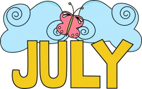 Whimsical July Clipart with Butterfly and Curly Blue Clouds Illustration