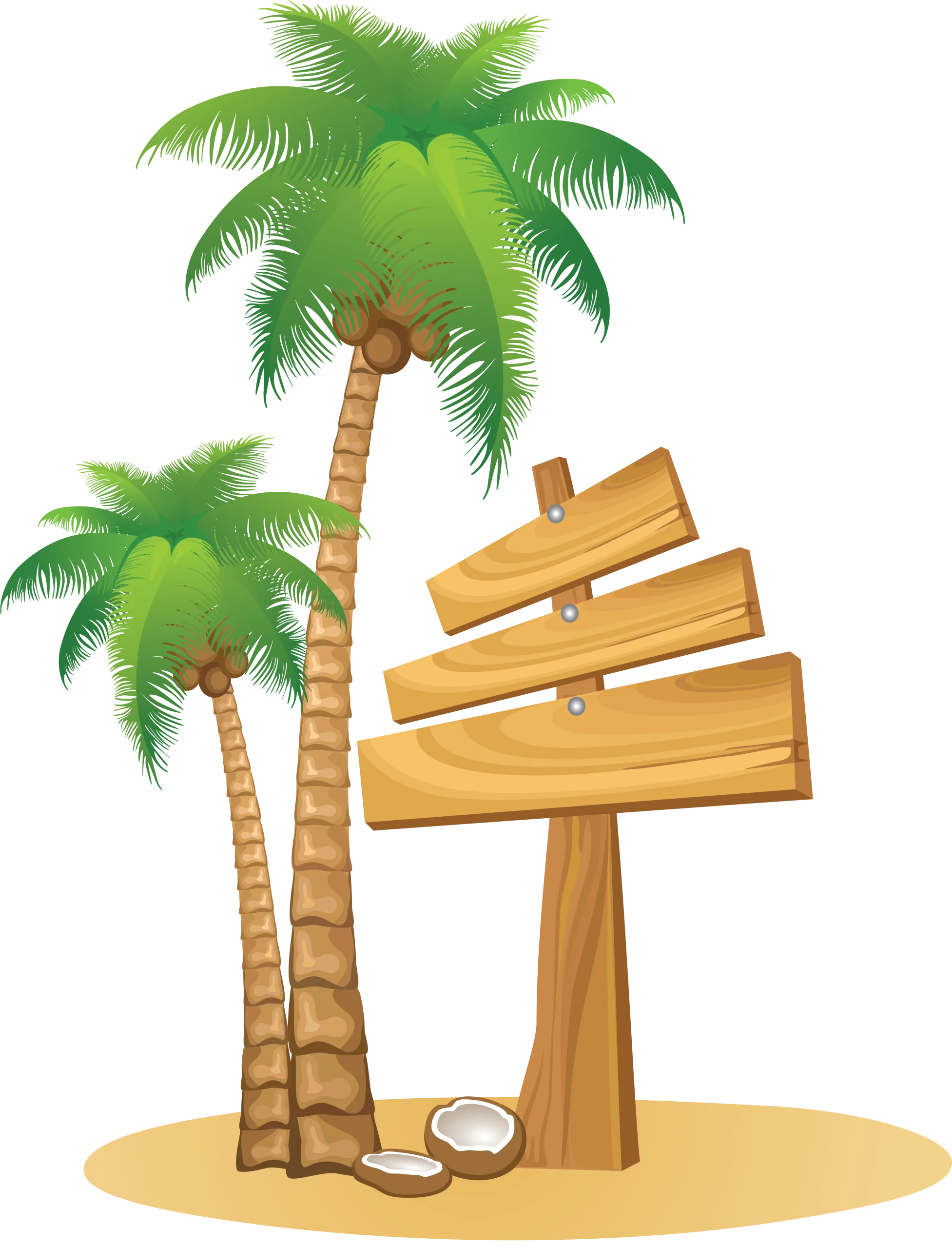 Tropical Paradise Scene with Wooden Signpost and Palm Trees Clipart Illustration