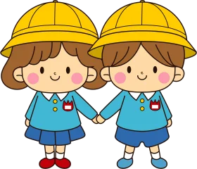Adorable Kindergarten Animation: Twin Students in Safety Helmets and Uniforms