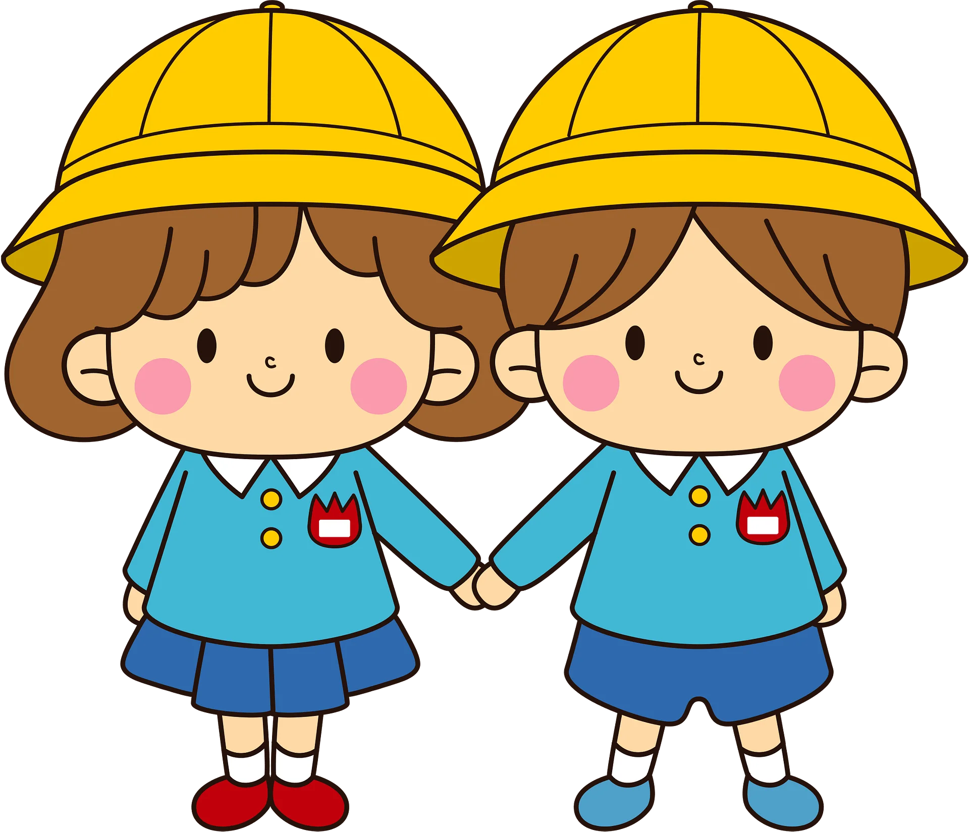 Adorable Kindergarten Animation: Twin Students in Safety Helmets and Uniforms