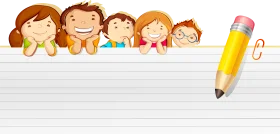 Cheerful Cartoon Children Peeping Over Blank Notebook Clipart Design