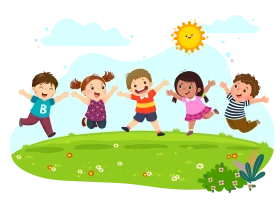 Cheerful Children Playing Together on a Sunny Green Meadow Clipart Illustration