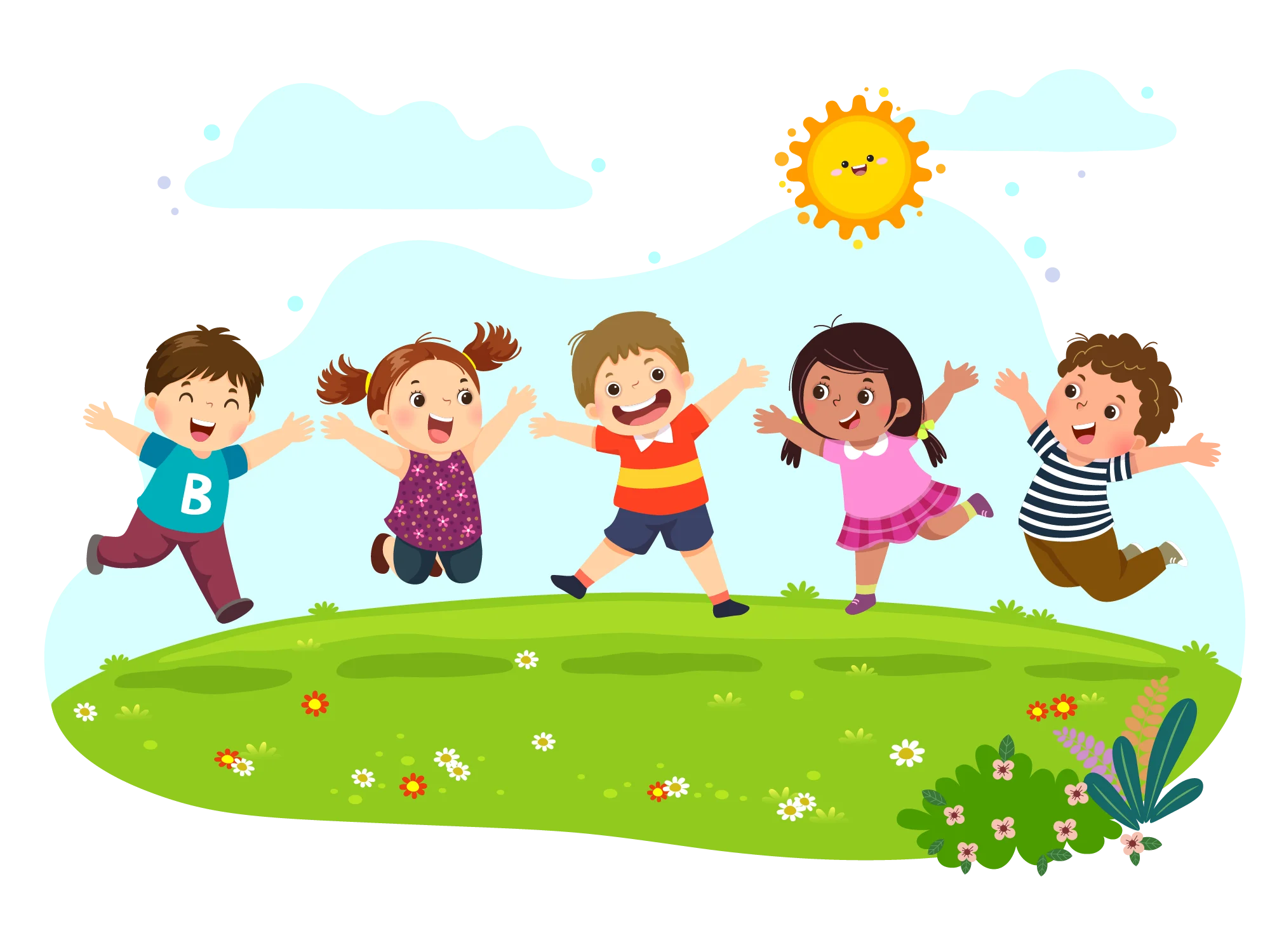 Cheerful Children Playing Together on a Sunny Green Meadow Clipart Illustration