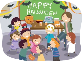 Cheerful Halloween Classroom Celebration Clipart Scene with Excited Children