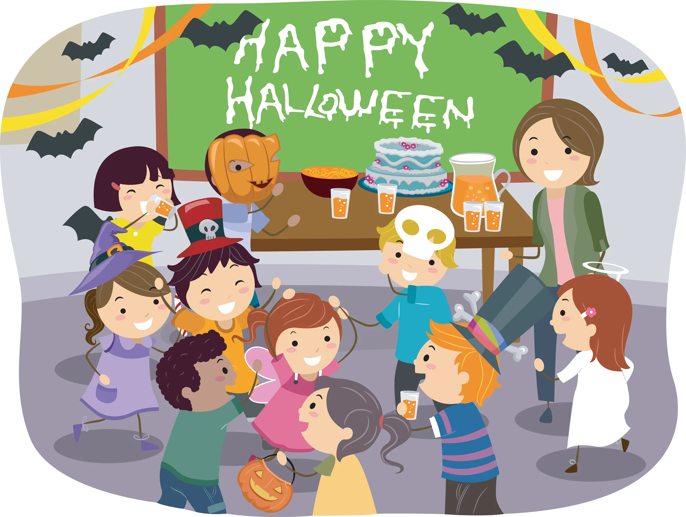 Cheerful Halloween Classroom Celebration Clipart Scene with Excited Children