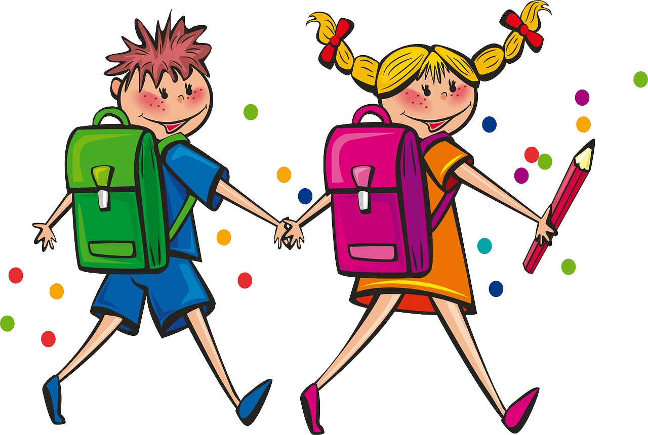 Cheerful School Children Animation Clip Art with Colorful Backpacks