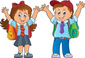 Cheerful School Kids with Backpacks and Raised Hands Clipart Illustration