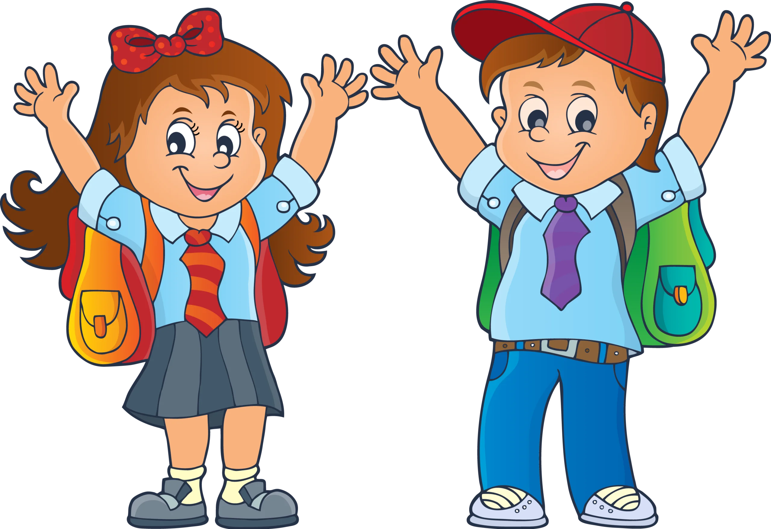 Cheerful School Kids with Backpacks and Raised Hands Clipart Illustration