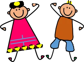Cheerful Stick Figure Children Playing Together in Colorful Kiddie Clipart Style