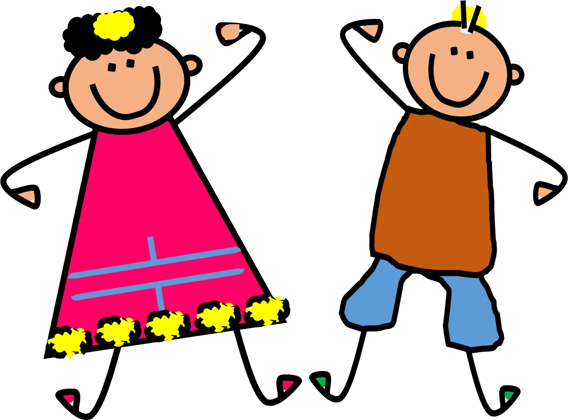 Cheerful Stick Figure Children Playing Together in Colorful Kiddie Clipart Style