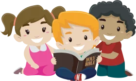 Diverse Cartoon Children Reading Holy Bible Together - Heartwarming Animation Scene