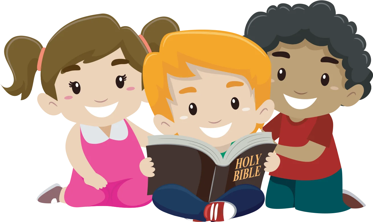 Diverse Cartoon Children Reading Holy Bible Together - Heartwarming Animation Scene