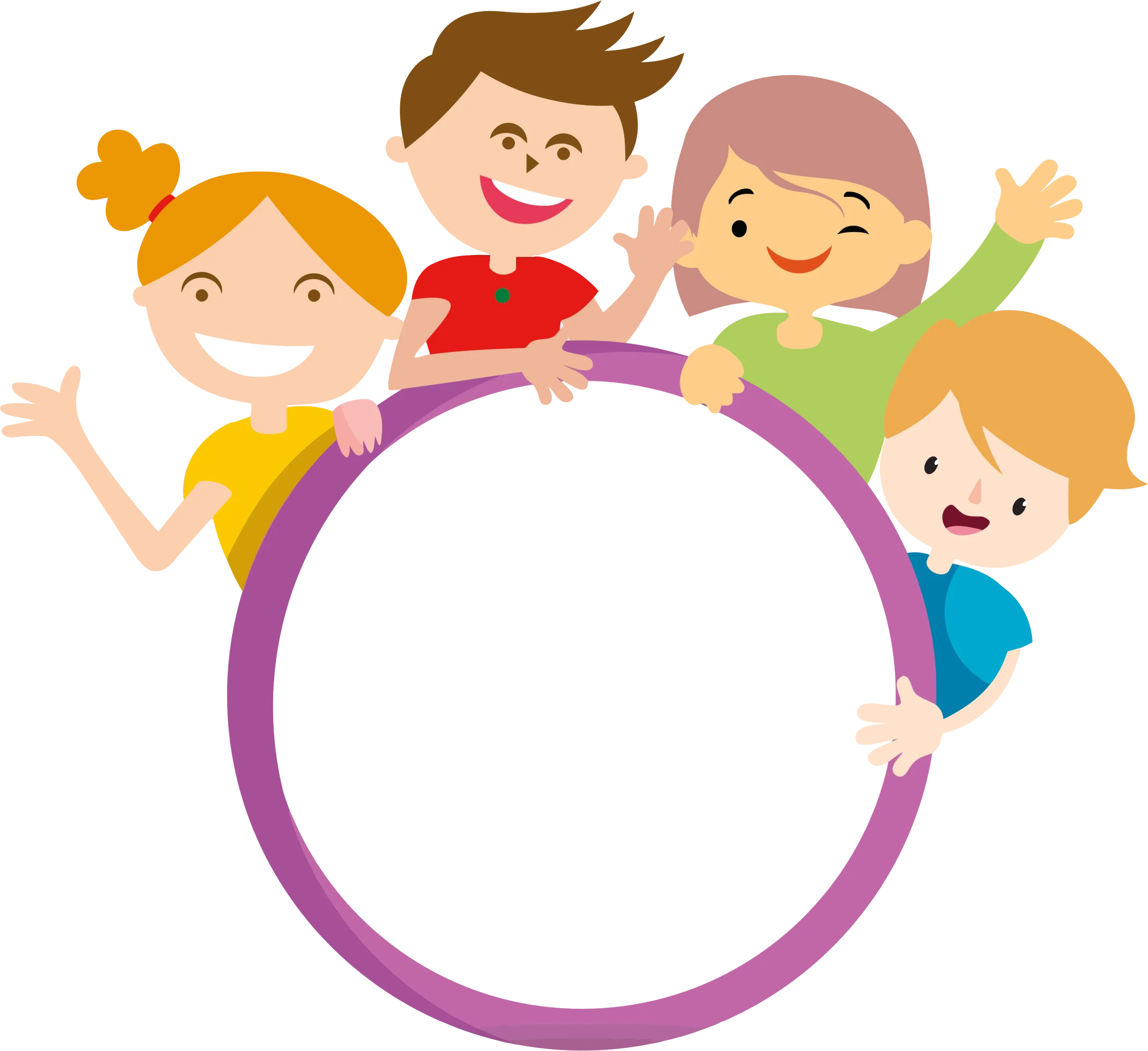 Playful Children Animation Gathering Around Colorful Circular Frame Design