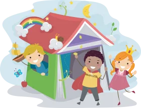 Playful Kids in Whimsical Multicolored Playhouse Clipart Scene of Joy and Adventure