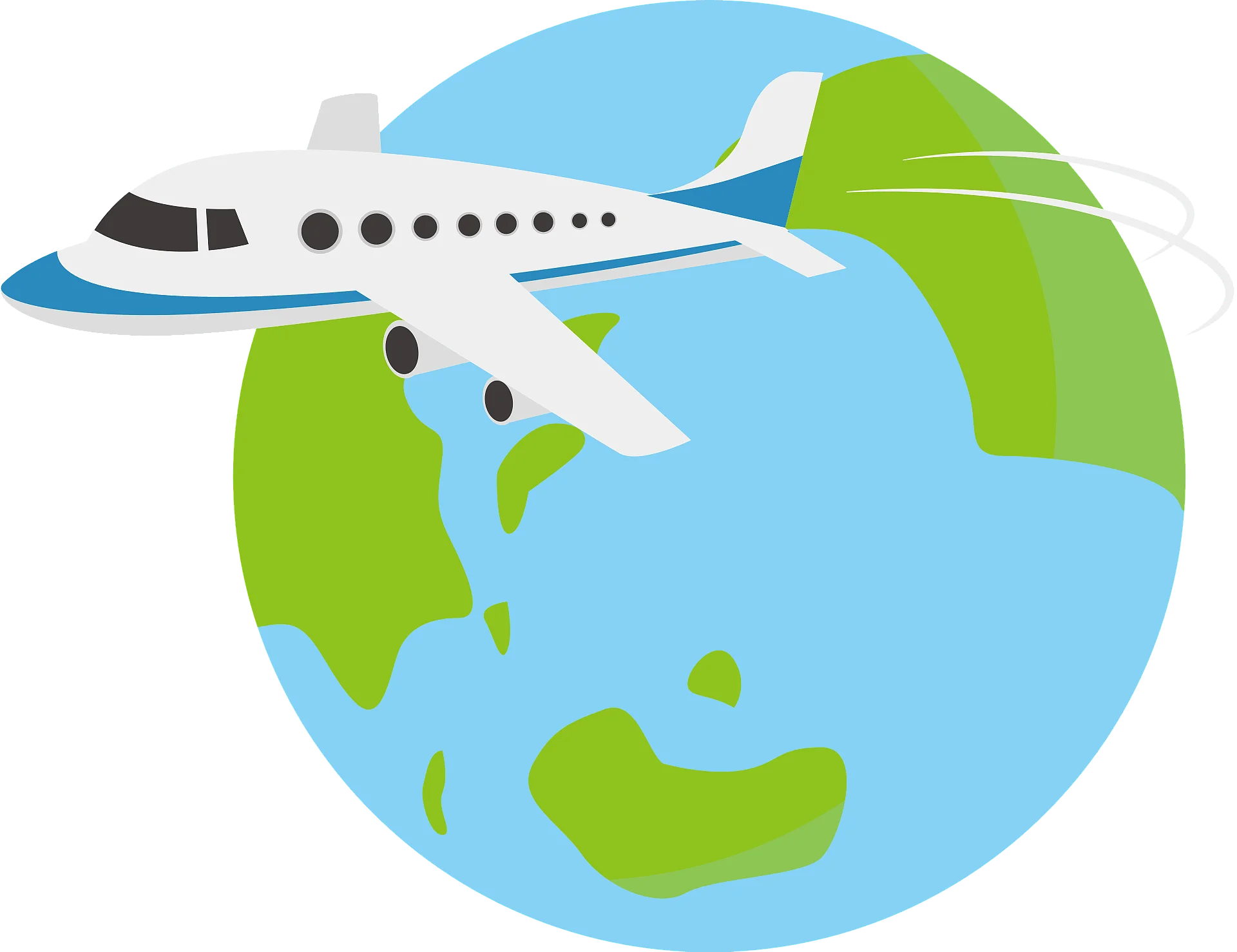 Global Aviation Connectivity: Friendly Cartoon Airplane Traveling Around Stylized Earth Clipart