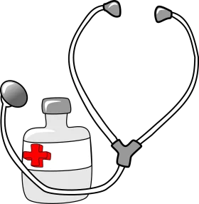 Medical Diagnostic Tools Clipart: Stethoscope and Medicine Bottle Illustration