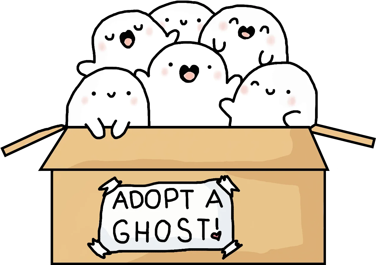 Adorable Ghostly Friends Waiting in Cardboard Adoption Box Kawaii Clipart Collection
