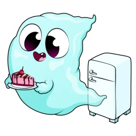 Adorable Pastel Blue Ghost Enjoying a Slice of Cake Near a Refrigerator Clipart