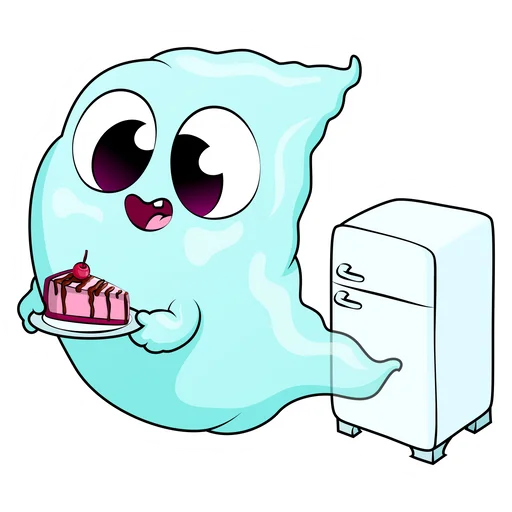 Adorable Pastel Blue Ghost Enjoying a Slice of Cake Near a Refrigerator Clipart