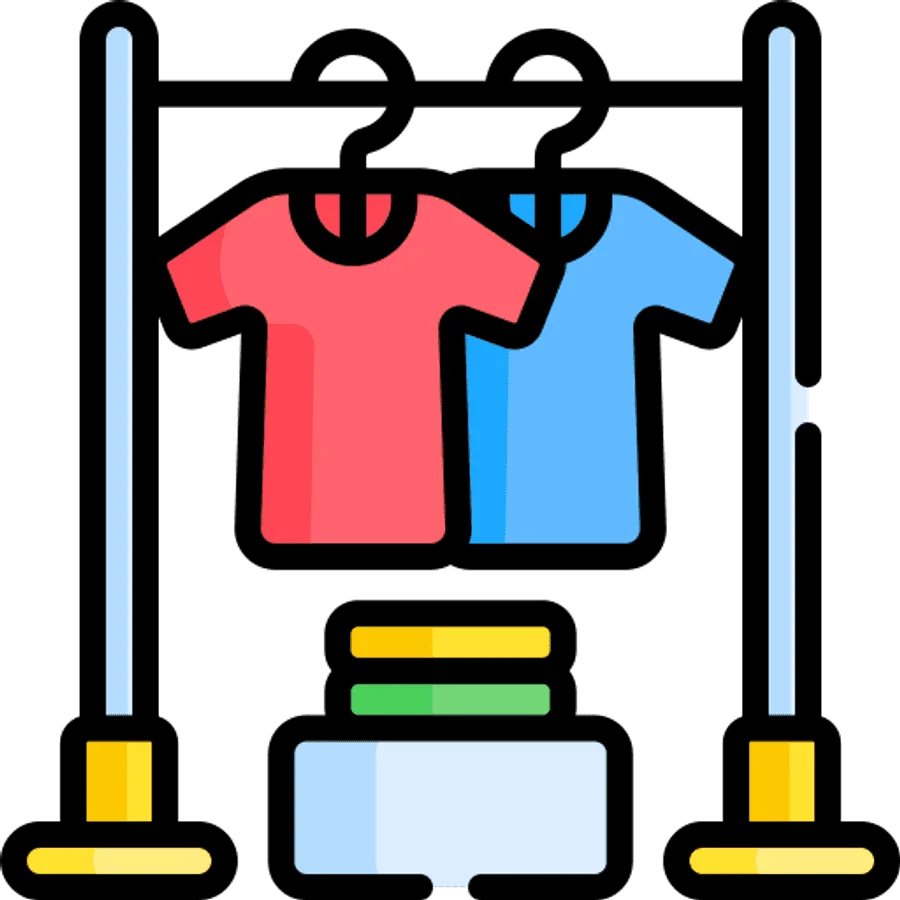 Minimalist Clothing Rack Clipart with Hanging T-Shirts and Storage Base
