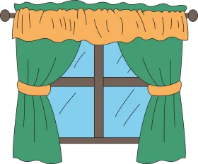 Charming Green and Yellow Framed Window Clipart with Elegant Curtain Design
