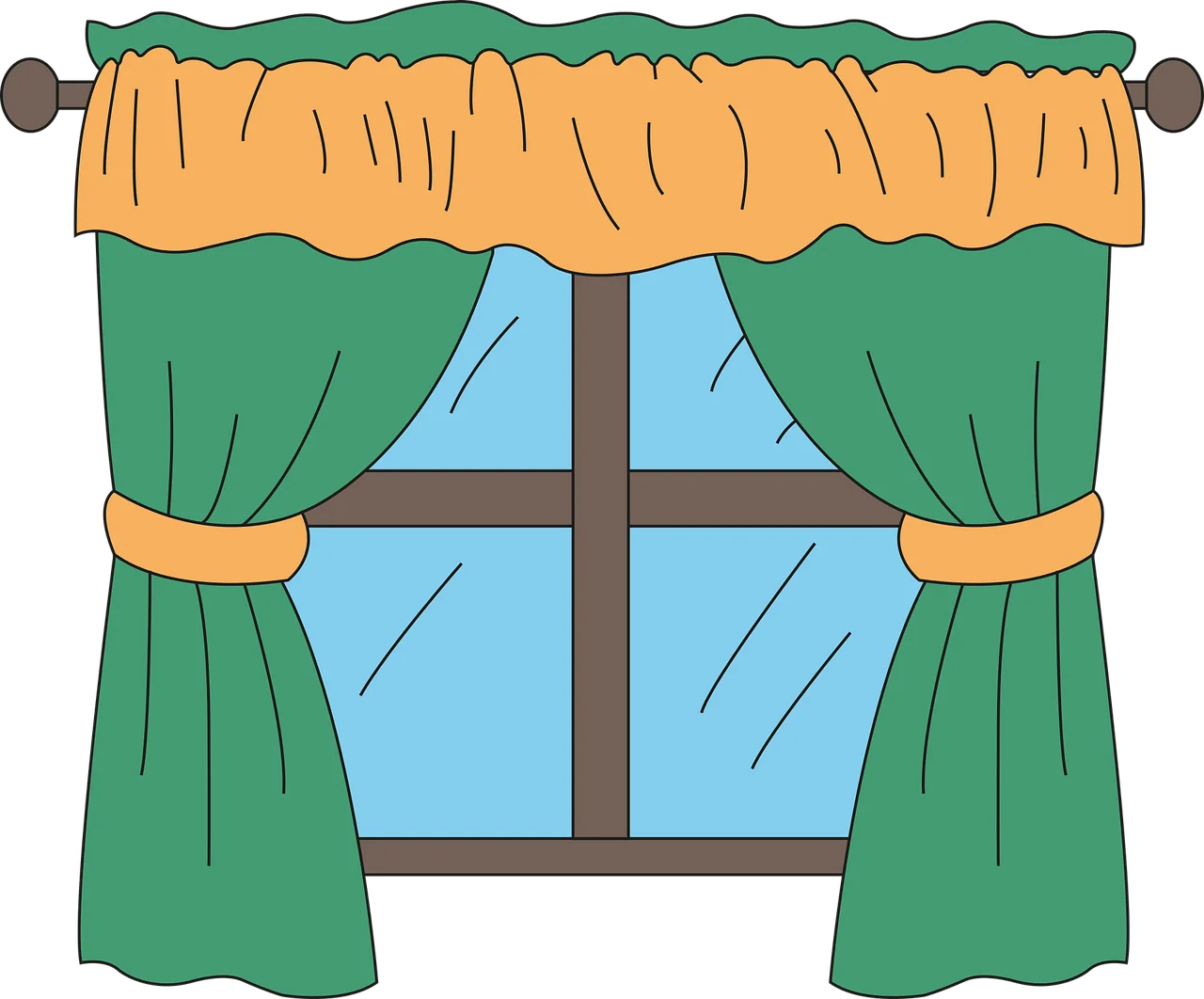 Charming Green and Yellow Framed Window Clipart with Elegant Curtain Design