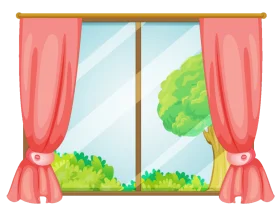 Charming Soft-Hued Window Scene with Lush Green Landscape Clipart Illustration